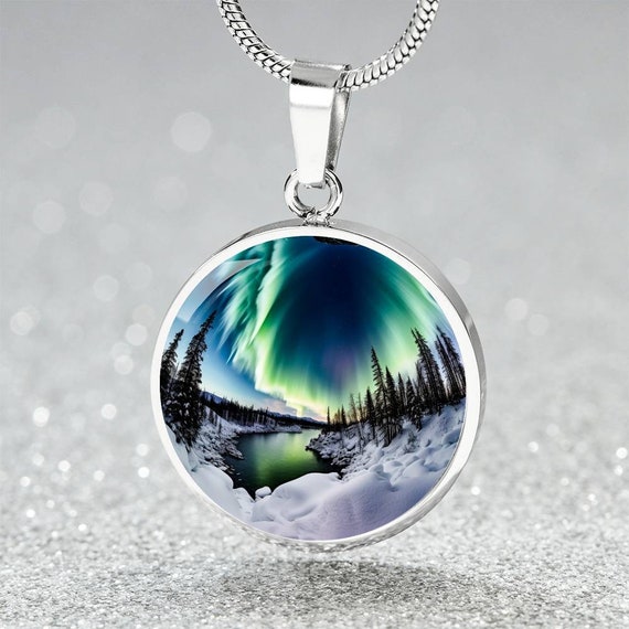Mountain Northern Lights Necklace Gift 4 Her Engraved Aurora