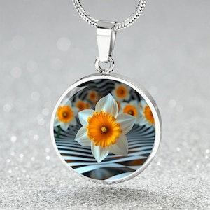December Narcissus Birth Flower Gift 4 Her | Engraved Checkerboard Aesthetic Charm Pendant Necklace, Bracelet, Keyring | Cute Trendy Jewelry