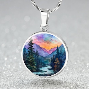 Hiking Camping Lover Charm Pendant Necklace, Bracelet, Keyring | Mountain Sunset Watercolor Gift 4 Her | Engraved Jewelry Gift 4 Nature Love image 1