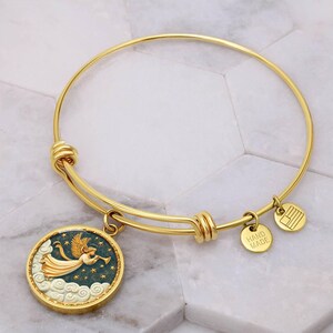 Angel of Light Pendant Necklace, Bracelet or Keychain | Archangel Gabriel Present | Celestial Guardian Jewelry | Comfort & Hope Keepsake Circle Pendant Gold Bangle