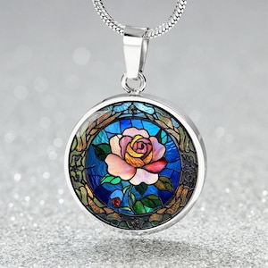 Faux Stained Glass Pink Rose Necklace | June Birth Month Necklace, Bangle Bracelet, or Keychain | Birthday, Anniversary Jewelry Gift for Her