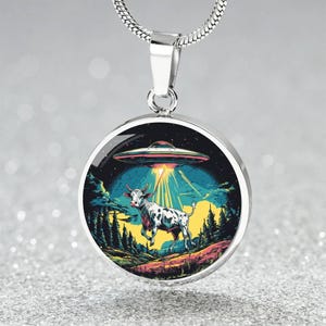 Cow Abduction UFO Necklace Gift 4 Her | Quirky Charm Jewelry Engraved | Fun Colorful Cow Bracelet | Unique Spacecraft Keychain Gift 4 BFF
