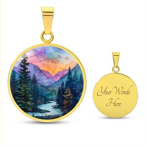 Hiking Camping Lover Charm Pendant Necklace, Bracelet, Keyring | Mountain Sunset Watercolor Gift 4 Her | Engraved Jewelry Gift 4 Nature Love image 6