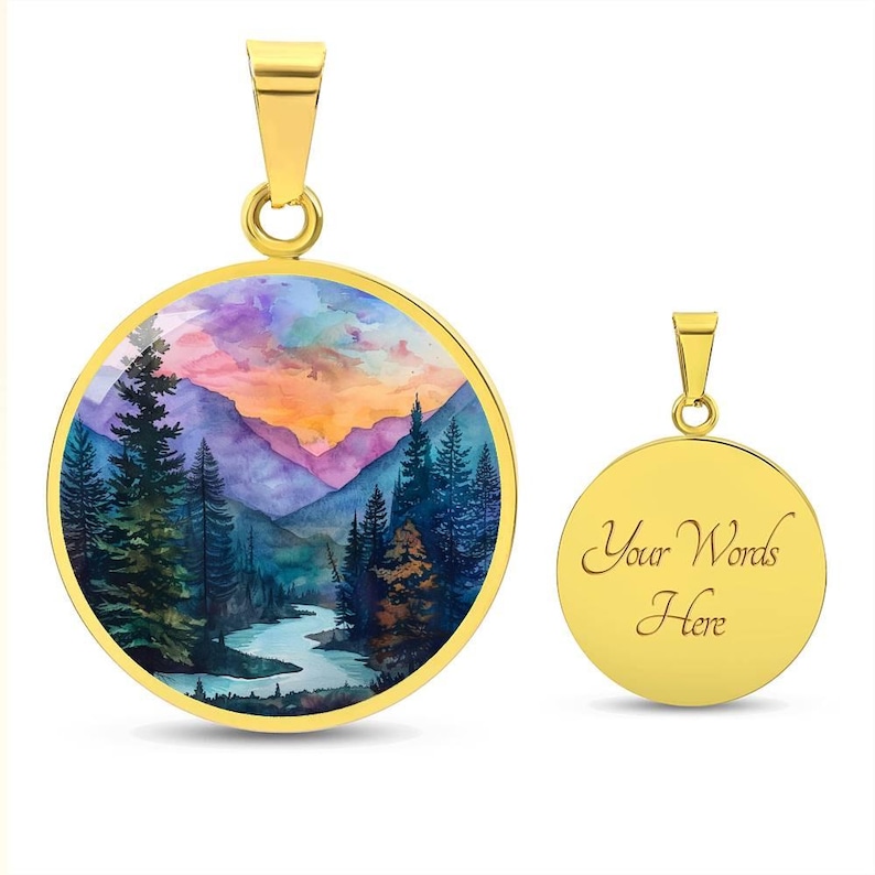 Hiking Camping Lover Charm Pendant Necklace, Bracelet, Keyring | Mountain Sunset Watercolor Gift 4 Her | Engraved Jewelry Gift 4 Nature Love image 6