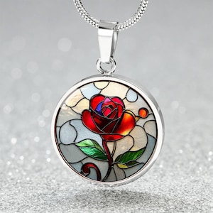 Faux Stained Glass Unique Rose Necklace | June Birth Month Necklace, Bangle Bracelet, or Keychain | Birthday, Anniversary Jewelry Gift 4 Her