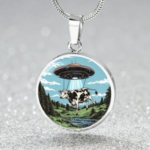 Abduction UFO Jewelry Gift For Her | Quirky Fun Charm Pendant Necklace Engraved | Fun Colorful Cow Bracelet | Unique Space Keychain Gift