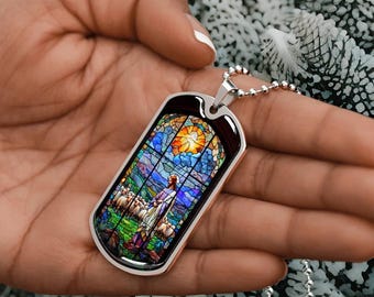 Faux gebrandschilderd glas Verlosser Jezus cadeau 4 religieuze gelovige | Jezus-sieraden schapen | Gegraveerde bedel Faith-hangerketting, armband, sleutelhanger