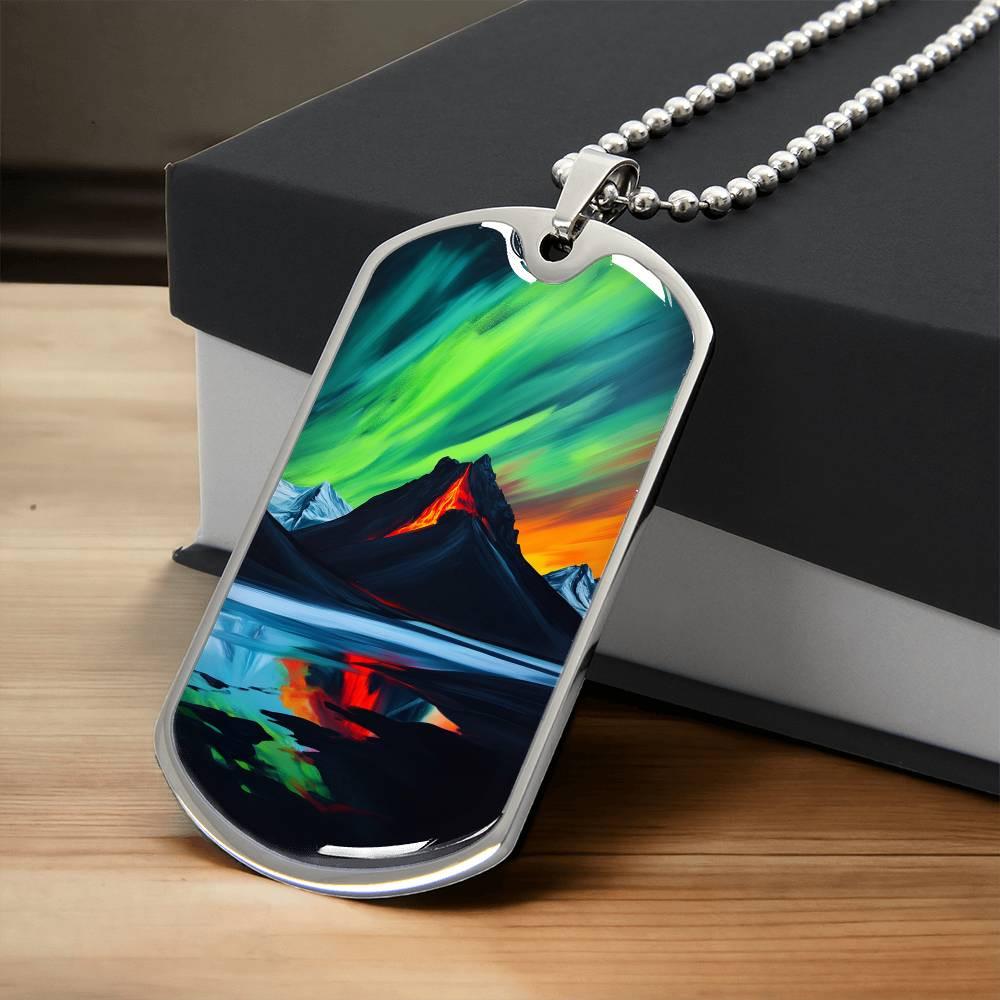 Volcano Northern Lights Gift 4 Him | Aurora Borealis Military DogTag Jewelry 4 Men | Boyfriend Personalized Gift | Engraved Iceland Keychain