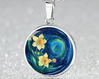 Cosmic Daffodil March Birth Month Pendant Charm Necklace | Night Sky Daffodil Bangle |  Floral Keychain Gift 4 Her | March Birthday Jewelry