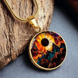 Stained Glass Total Solar Eclipse 2024 Pendant Necklace | Custom Lunar Eclipse Jewelry| Astronomy Skies Charm | Engraved Jewelry Gift 4 Her