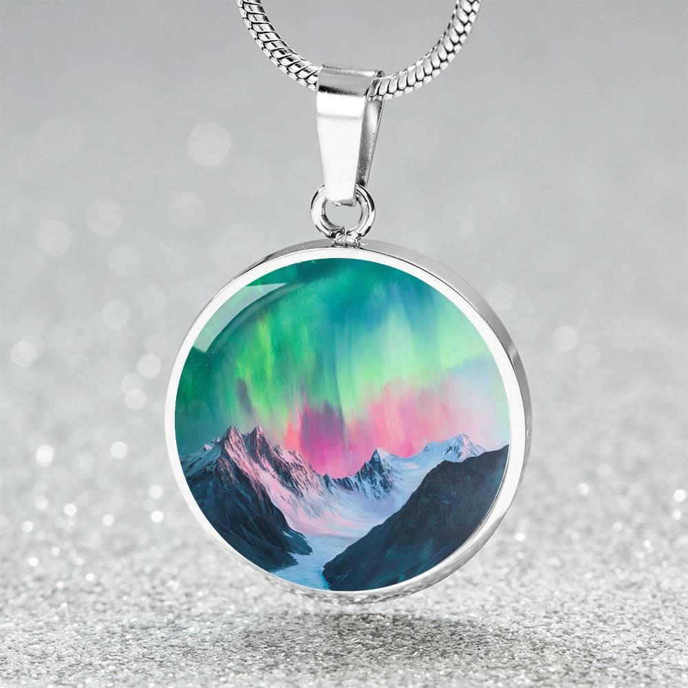 Northern lights イカデザインネックレス Watercolor Aurora Borealis Necklace | Engraved Alaska Glacier
