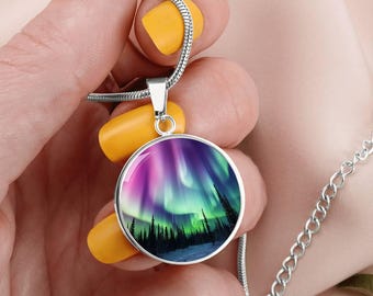 Aurora Borealis Necklace Gift for Her Engraved Alaska Northern