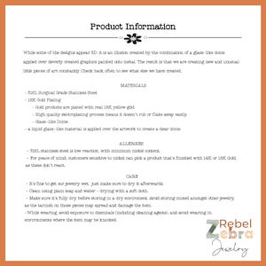 May include: Product information sheet for Rebel Zebra Jewelry. The document details materials like 316L surgical grade stainless steel and 18K gold plating. It also covers allergy information and care instructions for the jewelry.