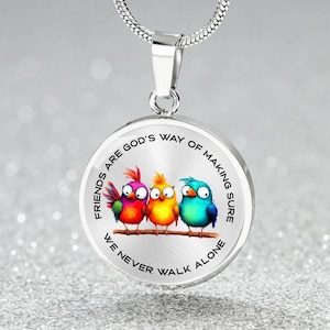 May include: Silver necklace with a round pendant featuring three cartoon birds and the text "Friends are God's way of making sure we never walk alone."