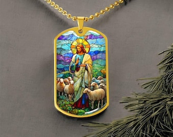 Schapen Jezus sieraden 4 mannen | Faux gebrandschilderd glas Verlosser Jezus cadeau 4 religieuze gelovige | Gegraveerde bedel Faith-hangerketting, sleutelhanger 4 hem