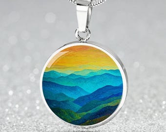 Blue Ridge Mountain Sunset Necklace Gift 4 Her | Ourdoorsy Wanderlust Jewelry Gift 4 Wife | Engraved Bracelet 4 Daughter | Hiking Keyring