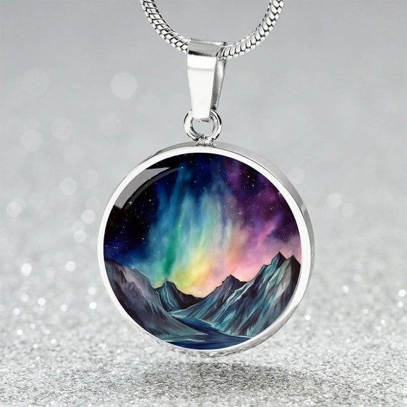 Mountain Northern Light Watercolor Necklace Gift 4 Her Engraved