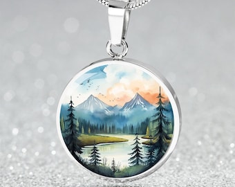 Engraved Watercolor Mountain Jewelry | Hiking Camping Lover Charm Pendant Necklace, Bracelet, Keyring | Custom Jewelry Gift 4 Nature Lover
