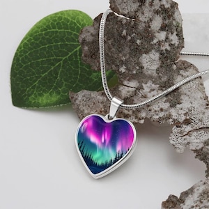 Engraved Outdoorsy Gift for Her | Heart Shaped Necklace for Soulmate | Aurora Borealis Charm Pendant, Bracelet, Keyring | Personalized Heart