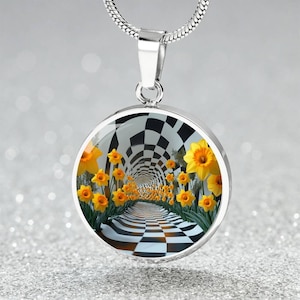 Engraved December Narcissus Birth Flower Gift 4 Her | Checkerboard Aesthetic Charm Pendant Necklace, Bracelet, Keyring | Cute Trendy Jewelry