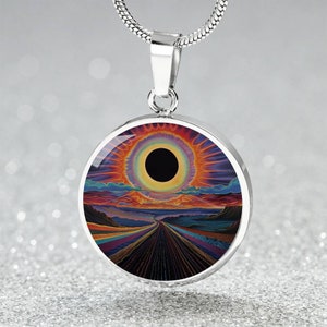 Total Solar Eclipse 2024 Road Trip Pendant Necklace, Bracelet, Keyring | Custom Open Road Eclipse Jewelry | Engraved Jewelry Gift for Her