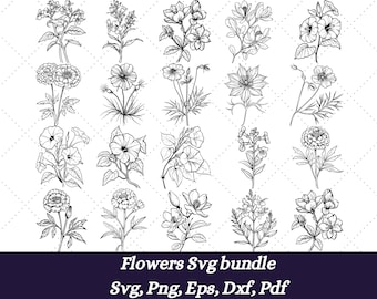 Flower Svg Bundle, Fine Line Flower, Floral Tattoo Design for Women, Birth Flower Clip Art, Botanical Svg Files, Flower Line art, Wildflower