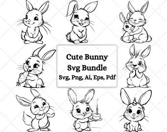 Cute Bunny Svg Bundle, Bunny Svg, Bunny Outline Svg, Bunny Silhouette, Cute Rabbit Silhouettes, Bunny Clipart, Bunny Cut Files For Cricut