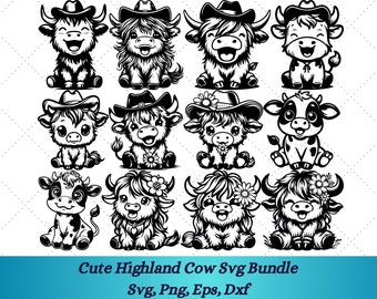 Cute Highland Cow Svg Bundle, Highland Cowboy Design, Cow Svg, Cute Baby Cow Svg, Highland Cow Png, Cricut Cut File, Highland Cow Clipart