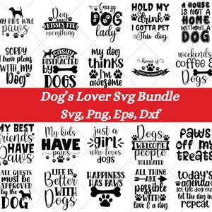 Könnte beinhalten: Ein Set mit 18 schwarzen und weißen SVG-Schnittdateien zum Thema Hunde. Die Designs zeigen verschiedene hundebezogene Sätze und Bilder, wie z. B. "Meine besten Freunde haben Pfoten", "Mein Hund denkt, ich bin großartig" und "Glück hat Pfoten".