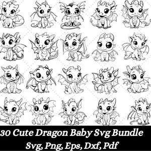 May include: A set of 30 black and white line art illustrations of cute baby dragons in various poses. The illustrations are perfect for creating digital or physical crafts, such as stickers, t-shirts, or greeting cards.
