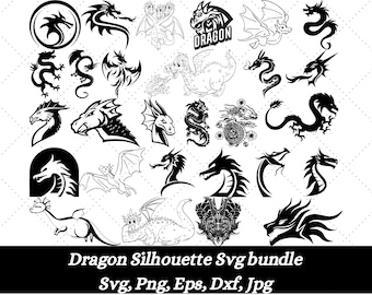 Drake SVG-paket, draktatueringsdesigner, kinesisk drake clipart, mytiskt odjursvektor, drakesilhuettklippfiler, elddrake svg