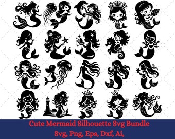 Sirena SVG, Paquete SVG de sirena, Imágenes Prediseñadas de sirena, Archivos svg de sirena para cricut, Silueta de sirena, Paquete SVG de Sirenita, Ariel Clipart