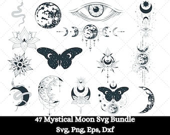 Mystical Moon Svg Bundle, Celestial Svg Bundle, Witchcraft Svg, Mystical Svg for Cricut, Crystal Moon Svg, Moon Phase Svg,Mystical Butterfly