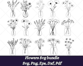 Flower Svg Bundle, Fine Line Flower, Floral Design, House Plants Svg, Flower Line art, Wildflower Svg, Flower in Pot Svg, Birth Month Flower