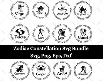 Puede incluir: Ilustraciones en blanco y negro de los 12 signos del zodíaco en un círculo con palabras descriptivas alrededor de cada signo. Los signos son: Virgo, Tauro, Escorpio, Sagitario, Piscis, Libra, Leo, Géminis, Capricornio, Cáncer, Aries y Acuario. El texto en la parte inferior de la imagen dice: "Zodiac Constellation Svg Bundle Svg, Png, Eps, Dxf".