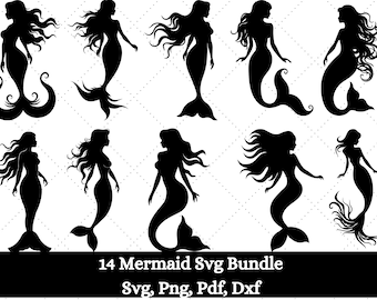 Sirena SVG, Paquete SVG de sirena, Imágenes Prediseñadas de sirena, Archivos svg de sirena para cricut, Silueta de sirena, Paquete SVG de Sirenita, Ariel Clipart