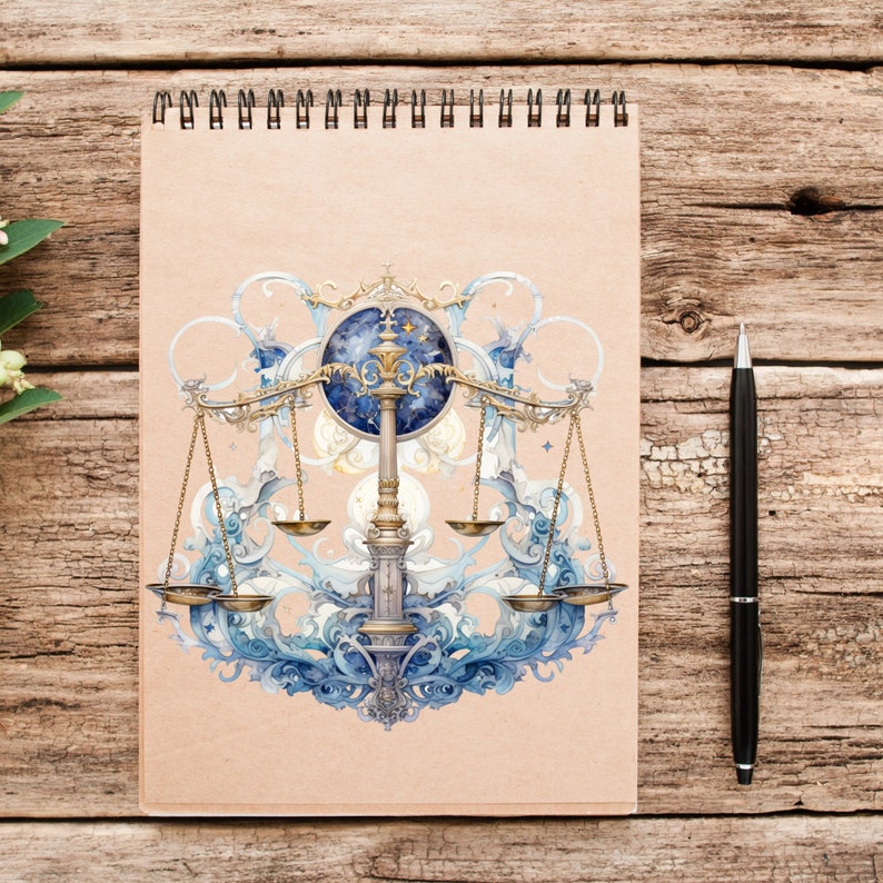 Może przedstawiać: Aquarela przedstawiająca astrologiczny symbol Wagi, z wagą o ozdobnych detalach i niebieskim, niebieskim tłem.