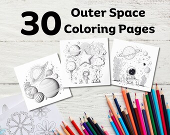 May include: Thirty black and white coloring pages featuring outer space themes. The pages include illustrations of planets, stars, astronauts, and spaceships.