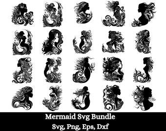 Sirena SVG, Paquete SVG de sirena, Imágenes Prediseñadas de sirena, Archivos svg de sirena para cricut, Silueta de sirena, Paquete SVG de Sirenita, Ariel Clipart