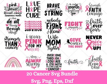 Cancer SVG-paket, bröstcancer SVG-paket, cancermedvetenhet, omedelbar nedladdning, band, bröstcancertröja, klippfiler, Cricut, silhuett