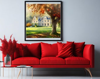 Landscape Painting, Watercolor Landscape Painting, Dream House Painting, PRINTABLE Wall Art, Summer Landscape Painting, Printable Art