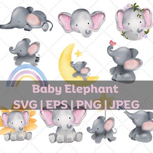 May include: A set of ten digital clipart images featuring cute baby elephants in various poses. The elephants are gray with pink ears and are depicted with different accessories, such as a rainbow, a moon, and flowers.
