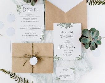 May include: A wedding invitation suite featuring white cards with green botanical illustrations and black text. Includes a main invitation for Alice and Jason, a details card, an RSVP card, and brown kraft paper envelopes tied with twine.
