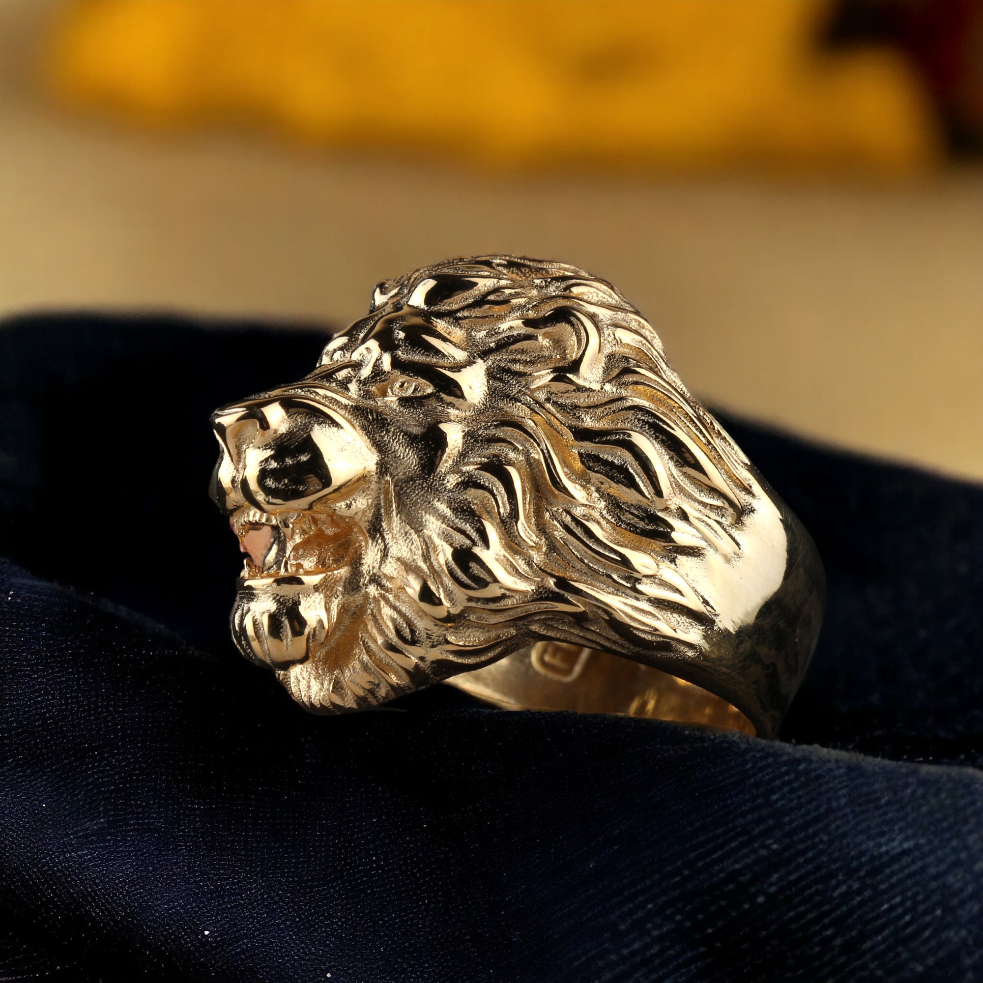 Rylos RYLOS Mens Rings 14K Yellow Gold Lion Head Ring Genuine Black  Diamonds Eyes and Gemstone Colorstone in Mouth Fun Designer