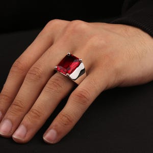 Red Ruby Gemstone Silver Men&#39;s Ring, Ruby Stone Silver Ring , Silver Handmade Ruby Ring, Bright Silver Ring, Gift for Father