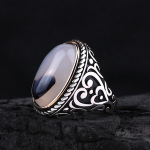 Agate stone men&#39;s ring,Yemeni agate stone ring,Embroidered men&#39;s ring,,Natural stone mens ring,Handmade silver ring,Custom design men&#39;s ring