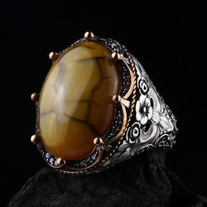 Large Agate Ring , Mens Handmade Ring , Yellow Agate Stone Ring ,Men Ring, Gift for Him, Genuine Yellow Agate Men Ring, Father Day Gift