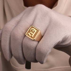14K Solid Gold Signet Ring, Old English Initial Ring, Personalized Initial Ring, Custom Design Gold Ring, Old English Ring, Monogram Ring