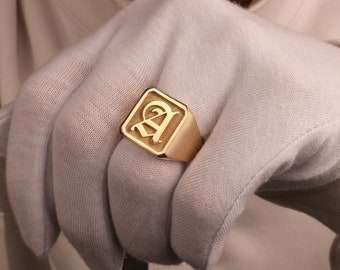 14K Solid Gold Signet Ring, Old English Initial Ring, Personalized Initial Ring, Custom Design Gold Ring, Old English Ring, Monogram Ring