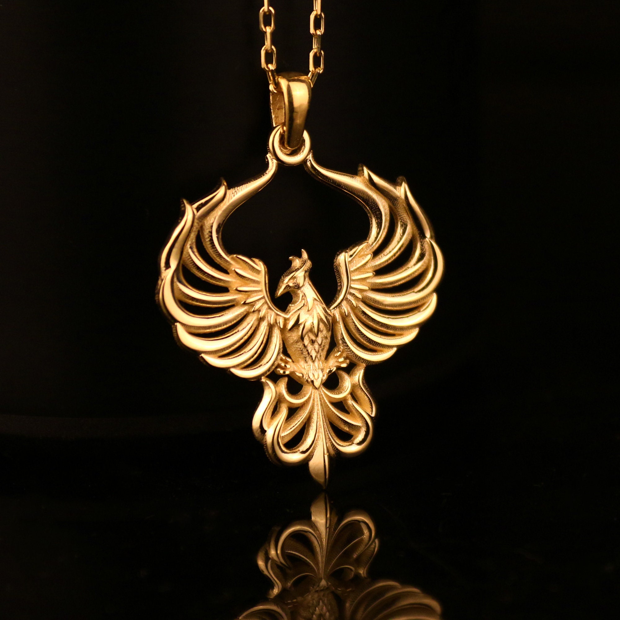 最終決算 Solid 14K Gold Pendant Bird Fire Gold Necklace, Phoenix アクセサリー